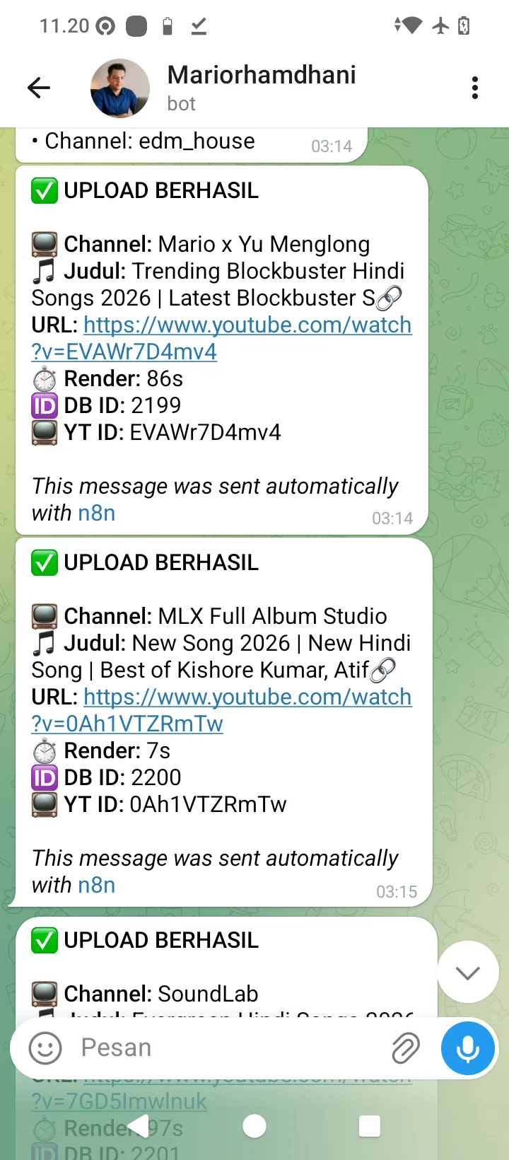 Tangkapan layar Telegram menampilkan laporan unggah otomatis dari Fariz Automation